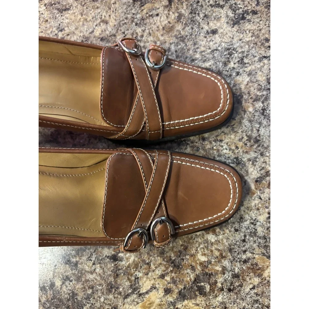 Coach Kristi Tan Leather Block Heel Loafers Buckle Pumps Made in Italy Womens 8B